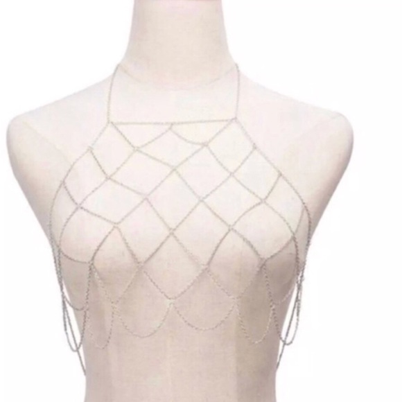 Silver body chain BODYCHAIN netting chest necklace - Picture 2 of 4